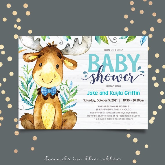 Hunting little buck baby boy shower invitation, moose elk deer reindeer with antlers, editable invite template PDF, digital files me49 Il_570xn
