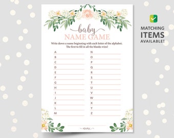 Baby name race, floral baby shower game, printable alphabet, baby shower game cards, baby shower ideas, baby name ideas, DIGITAL