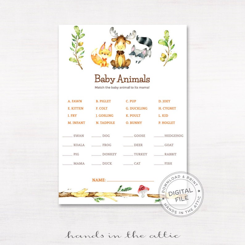 Match baby animals name game printable baby shower ...