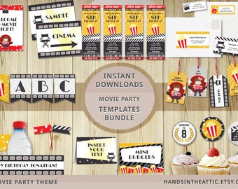 Movie party templates bundle, editable downloads, cinema theme party printables, movie night package, INSTANT download movie party props PDF