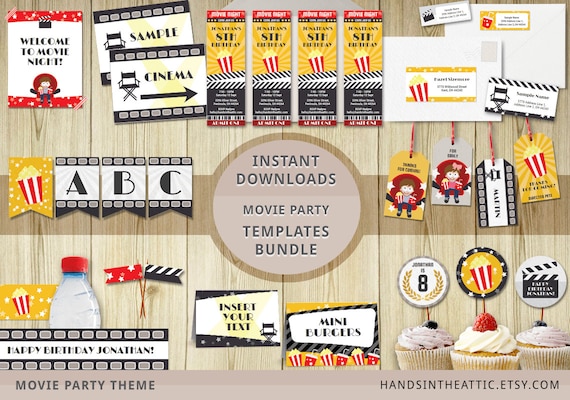 movie party templates bundle editable downloads cinema theme party printables movie night package instant download movie party props pdf by hands in the attic catch my party