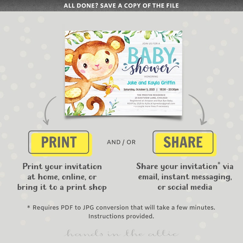 Monkey baby boy shower invitation, jungle theme printable template, playful swinging ape with banana, instant diy PDF, editable me35 image 5