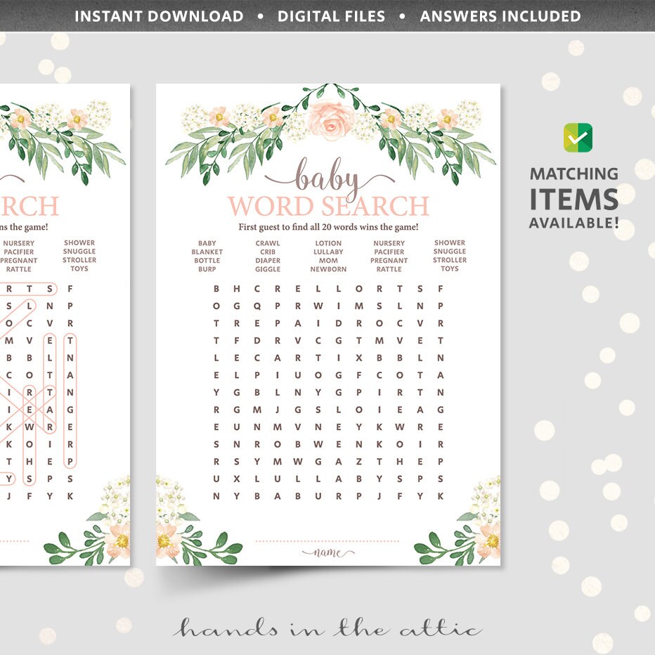 word search baby shower game circled answers included easy etsy