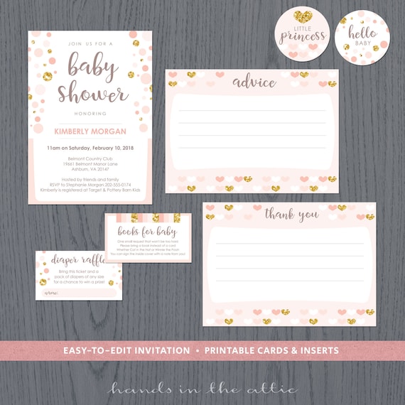 Pink and gold baby shower invitation kit printable invitation Etsy