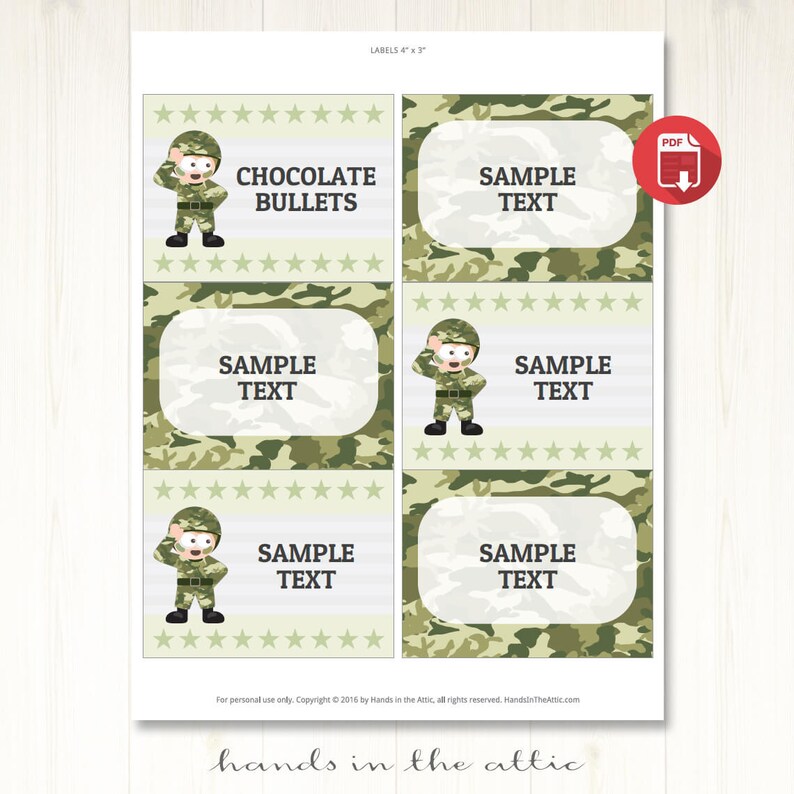 Army labels printable template text-editable camo party | Etsy