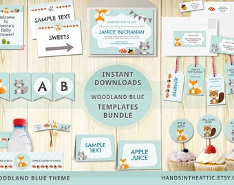 Woodland nursery art, woodland baby shower, woodland creatures, printable party kit, birthday signs party decoration, DIGITAL templates