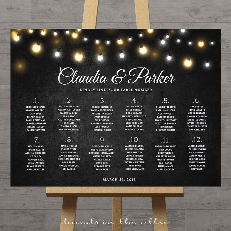 Chalkboard wedding seating chart, large reception signs printable, rustic, fairy lights, black board chalk style, table numbers, DIGITAL PDF image 1