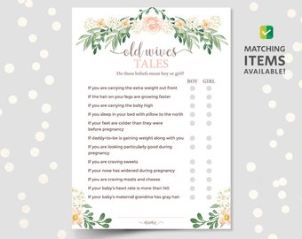 Baby shower old wives tale trivia game quiz, baby myth fact or fiction, true or false questions, printable download pdf, pink floral girl