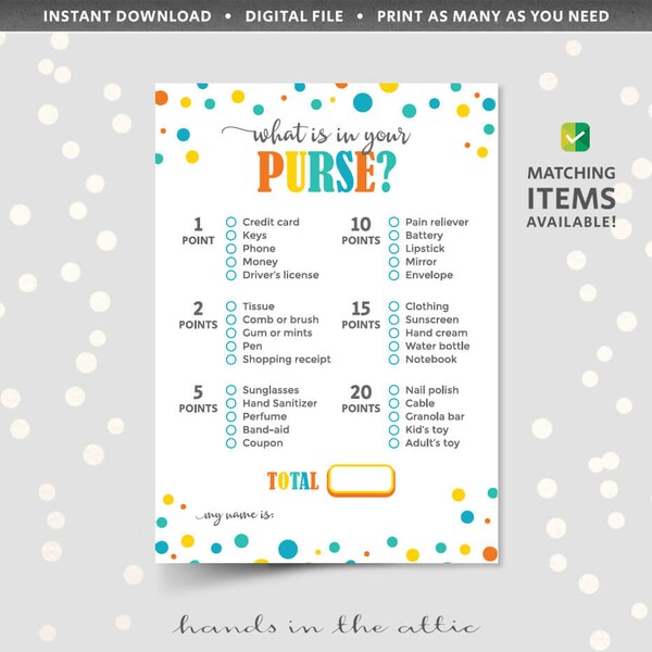 What’s in your purse scavenger hunt game, count points in your handbag bag, PRINTABLE baby shower game instant download pdf