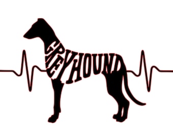 May include: Black silhouette of a Greyhound dog with the word "Greyhound" spelled out in the dog's body. A red heartbeat line is below the dog.