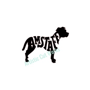 Puede incluir: Silueta negra de un American Staffordshire Terrier con la palabra "AMSTAFF" escrita dentro del contorno del perro.