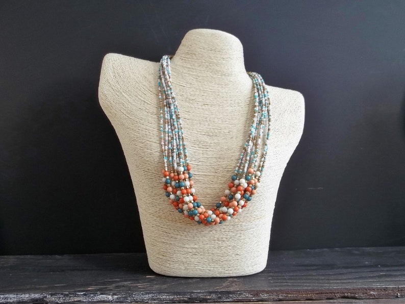 Summer Necklace Multi Strands Jewel Vintage Jewelry Orange Aqua Beige Colors Plastic Beads Bohemian Style Gypsy Women Mother/'s Day Gift