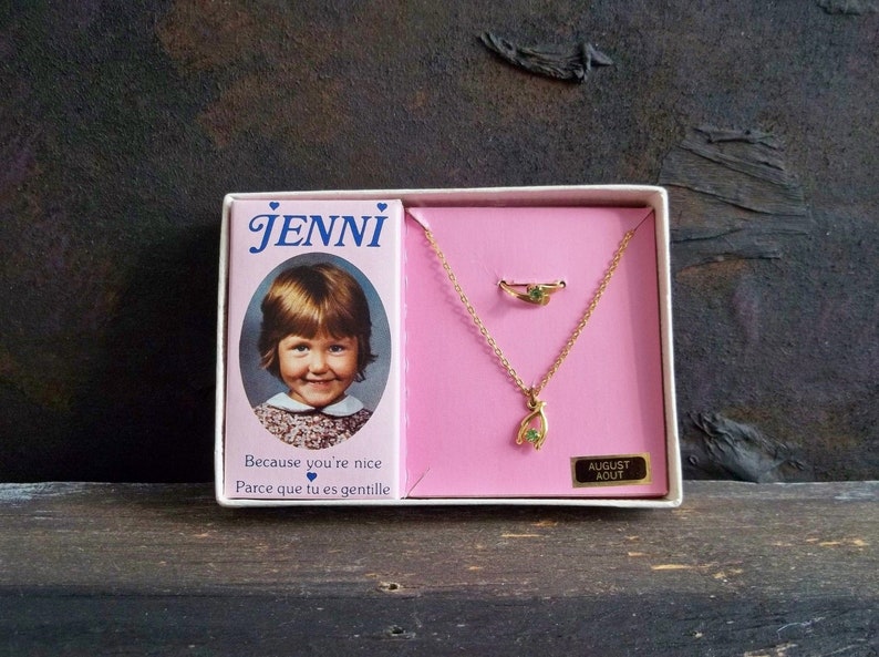 Necklace /& Ring Birthstone August Kids Jewelry Vintage Jewels Green Stone Made in Canada 1970/'s Retro Jewel Jenni/'s Brand Gold Color Metal