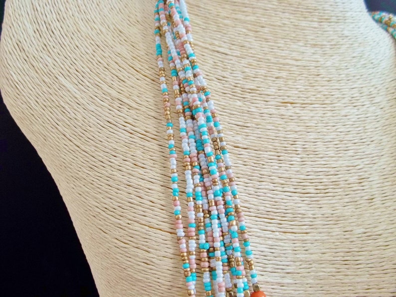 Summer Necklace Multi Strands Jewel Vintage Jewelry Orange Aqua Beige Colors Plastic Beads Bohemian Style Gypsy Women Mother/'s Day Gift