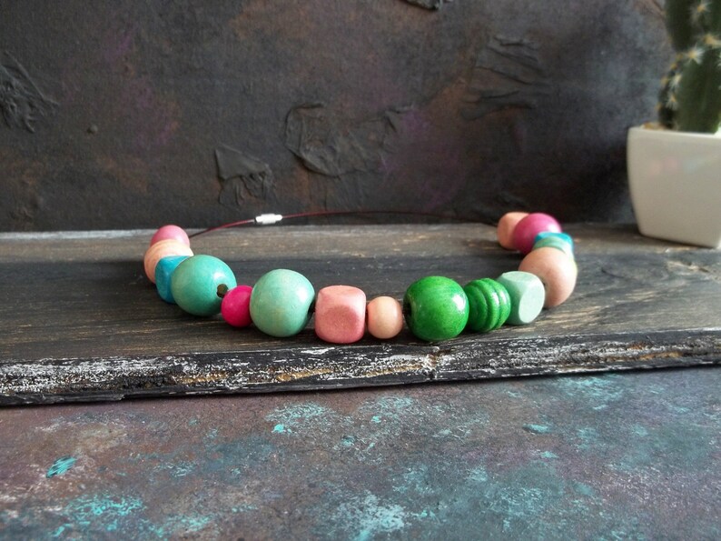 Vintage Necklace Rainbow Jewel Pastel Colors Wooden Jewelry Round Square Beads Bohemian Style Women Jewel Summer Necklace Girlfriend Gift