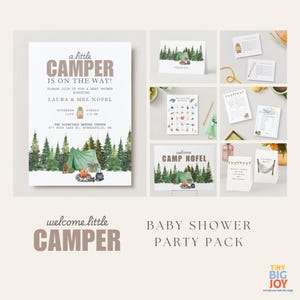Welcome Little Camper Baby Shower | Camping Theme Printable Party Pack Bundle | Editable Canva Invitations, Signs, Decorations & Games