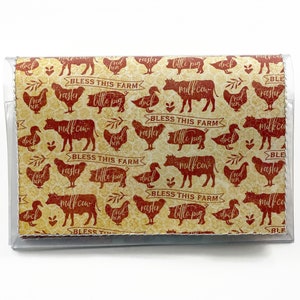 May include: A clear plastic sleeve with a brown and red patterned paper insert. The pattern features a repeating design of farm animals, including roosters, cows, pigs, ducks, and hens. The text "Bless this farm" is repeated throughout the pattern.