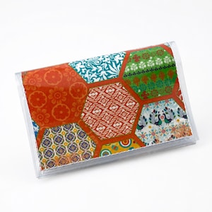Colorful Patchwork Wallet, Handmade Bifold Wallet, Boho Hexagon Card Holder, Orange Multicolor Vinyl Wallet, Unique Gift
