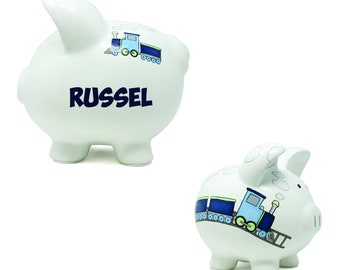 Personalized Train Piggy Bank: Ceramic Baby Boy Gift