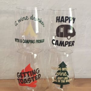 camping wine glass, camping drink glasses, shatterproof camping glasses, funny wine glass, hapoy camper wine glass