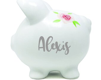 Personalized Floral Piggy Bank: Baby Girl Gift, Nursery Decor