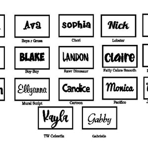 May include: A collection of 14 different name designs in black text on a white background. Each name is enclosed in a black square frame. The names include Brian, Ava, Sophia, Nick, Erica, Lexi, Blake, Landon, Claire, Sadie, Mason, Ellyanna, Candice, Monica, Natalie, Kayla, and Gabby.