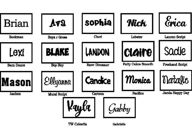 May include: A collection of 14 different name designs in black text on a white background. Each name is enclosed in a black square frame. The names include Brian, Ava, Sophia, Nick, Erica, Lexi, Blake, Landon, Claire, Sadie, Mason, Ellyanna, Candice, Monica, Natalie, Kayla, and Gabby.