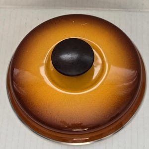 Puede incluir: Una tapa de olla redonda con un pomo de madera marrón oscuro. La tapa presenta un degradado de colores, pasando de un naranja claro a un marrón oscuro en los bordes. Diseñada para utensilios de cocina.