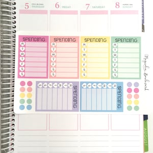 May include: A weekly planner page with a sticker sheet for tracking spending. The sticker sheet has a colorful design with different colored circles and hearts. The planner page has the days of the week labeled and includes the dates 5, 6, 7, and 8. The sticker sheet has the words "Spending" written on it.