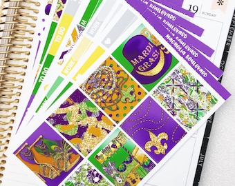 May include: A set of colorful planner stickers featuring a Mardi Gras theme. The stickers include a purple, green, and gold design with glitter accents. The stickers also include the text "Mardi Gras!" and "Magnolia Boulevard".