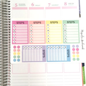May include: A weekly planner page with a sticker sheet for tracking steps. The sticker sheet has a colorful design with pink, yellow, blue, and green circles. The planner page has the days of the week labeled from Thursday to Sunday. The sticker sheet has the days of the week labeled from Monday to Sunday. The sticker sheet has the word "STEPS" written on it.