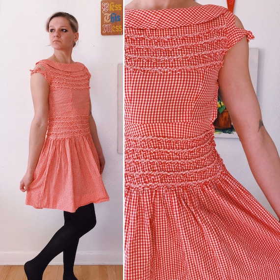 XS - 1950s Red and White Checkerboard Gingham Dres