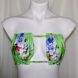 Green floral strapless bikini top