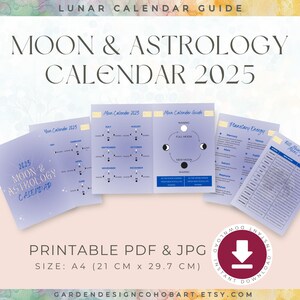 2025 Mondkalender, Mond und Astrologieplaner 2025, Mondkalender 2025 zum Ausdrucken, Mondphase Journal, Sternzeichen-Führer für 2025, monatlicher Mondzyklus