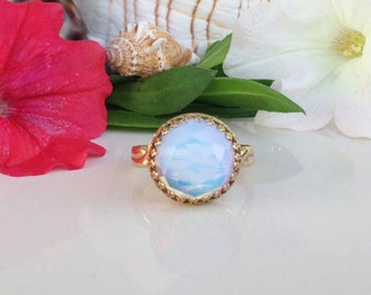 Opalite Ring - Round Crown Ring - Gemstone Ring - Delicate Ring - Pacific Opal Ring - Rainbow Ring - Moonstone Ring - Promise Ring