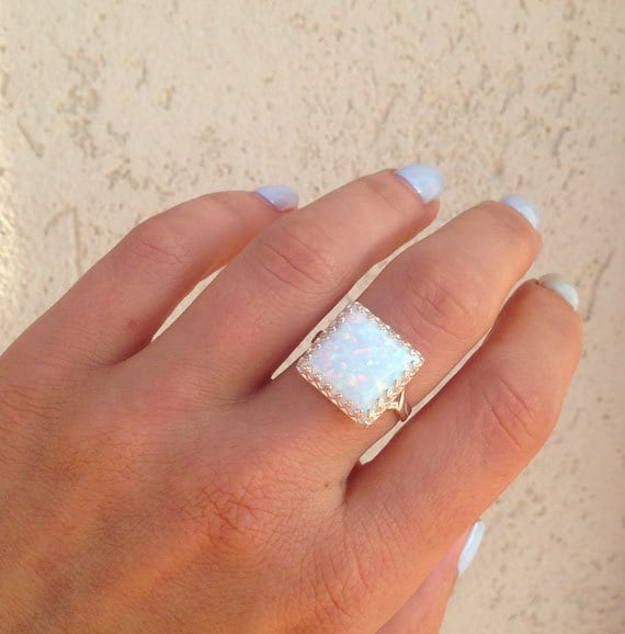 White Opal Ring Silver Ring Square Crown Ring Gemstone Ring Opal Jewelry Promise Ring Delicate Ring Bridal Gift Etsy