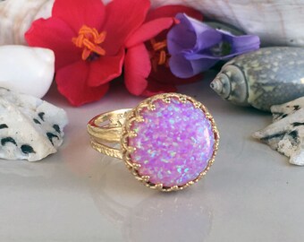 Rose Opal Ring - Gold Ring - Pink Opal Ring - Round Crown Ring - Gemstone Ring - Opal Jewelry - Cocktail Ring - Party Ring - Bezel Ring