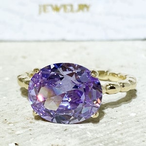 Anillo de amatista de lavanda - Anillo de oro - Piedra natal de junio - Anillo de piedras preciosas - Anillo de cóctel - Joyería nupcial - Anillo ovalado