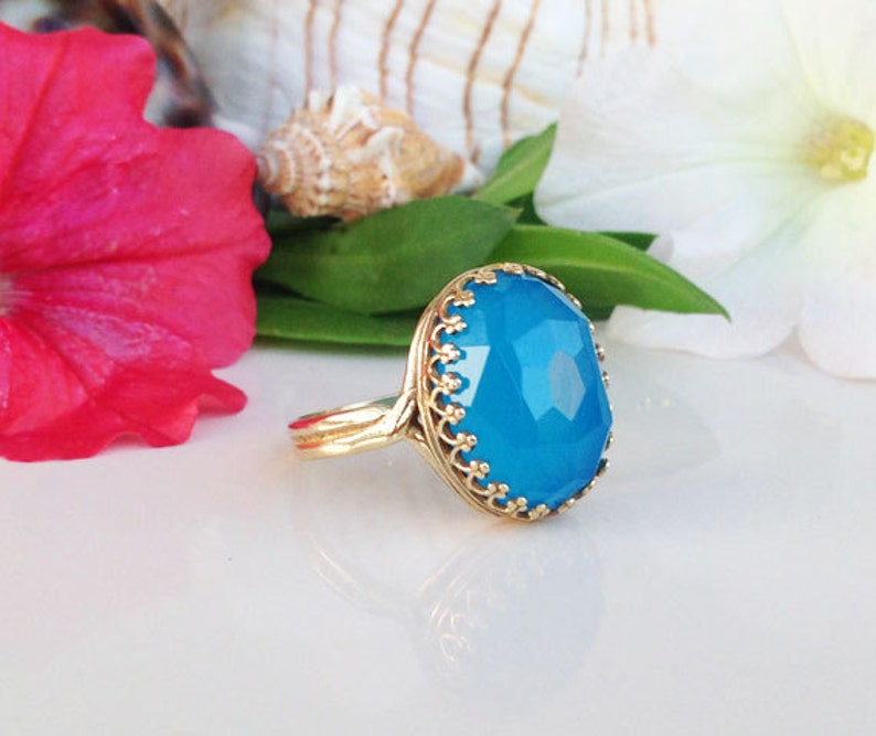 Rose Cut Blue Chalcedony Promise Ring Oval Crown Ring Blue Chalcedony Ring Aqua Blue Stone Gold Ring Engagement Ring
