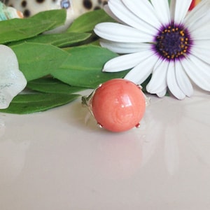 Coral Ring - Round Gem Ring - Pink Ring - Gemstone Ring - Peach Coral Ring - Vintage Band - Orange Ring - Silver Ring