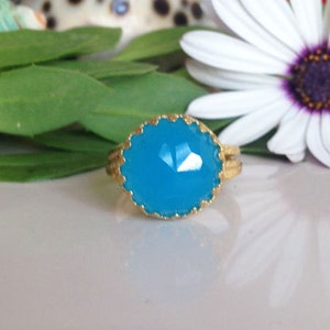 Chalcedon Ring - Runde Krone Ring - Gold Ring - Aqua Blau Stone - Verlobungsring - Rose geschnitten Chalcedon - Versprechen Ring