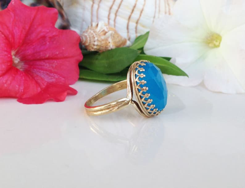 Rose Cut Blue Chalcedony Promise Ring Oval Crown Ring Blue Chalcedony Ring Aqua Blue Stone Gold Ring Engagement Ring