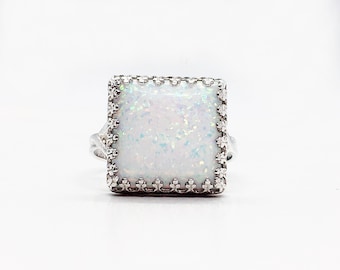 White Opal Ring - Silver Ring - Square Crown Ring - Gemstone Ring - Opal Jewelry - Promise Ring - Delicate Ring - Bridal Gift