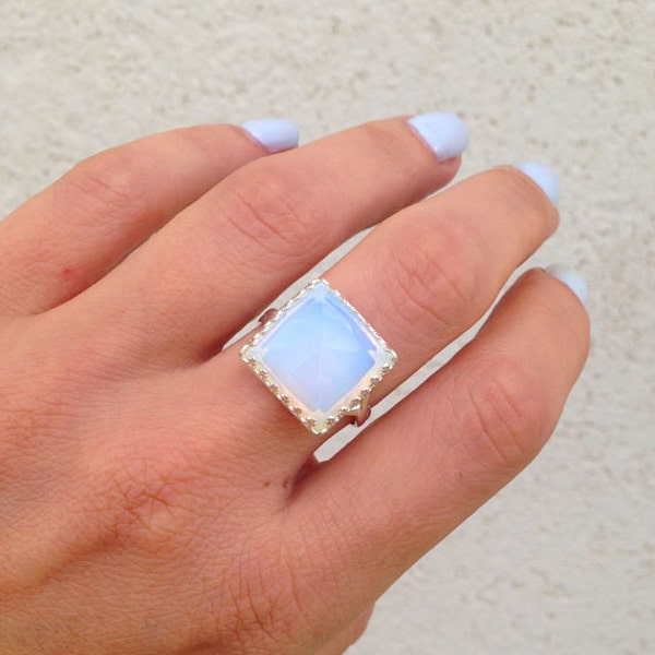 Opalite Ring - Square Crown Ring - Gemstone Ring - Delicate Ring - Pacific Opal Ring - Rainbow Ring - Moonstone Ring - Promise Ring