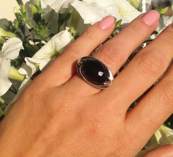 Genuine Onyx Ring Black Onyx Oval Ring Large Stone Ring Cocktail Ring Bold Ring Prong Set Ring Sterling Silver Ring Etsy