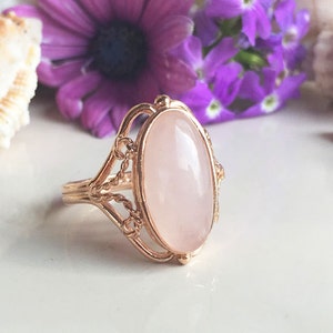 Rose Quartz Ring - Genuine Gemstone - October Ring - Oval Ring - Promise Ring - Gold Ring - Birthstone Ring - Lace ring - Pink Ring