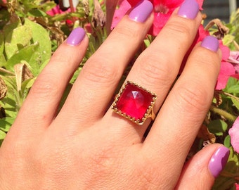 Tourmaline Ring - Pink Tourmaline - Square Crown Ring - Gold Ring - Engagement Ring - Rose Cut Pink Tourmaline - Promise Ring