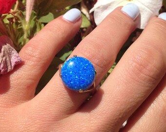 Blue Opal Ring - Gold Ring - Gemstone Ring - Opal Jewelry - Promise Ring - Round Opal - Delicate Ring