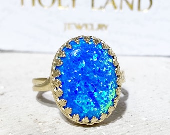 Blue Opal Ring - Gold Ring - Oval Crown Ring - Gemstone Ring - Opal Jewelry - Promise Ring - Delicate Ring - Bridal Gift