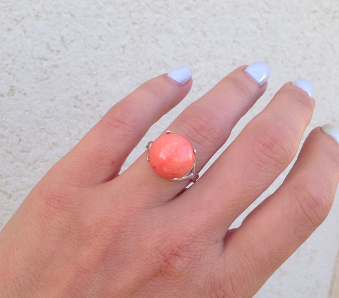 Coral Ring Round Gem Ring Pink Ring Gemstone Ring Etsy